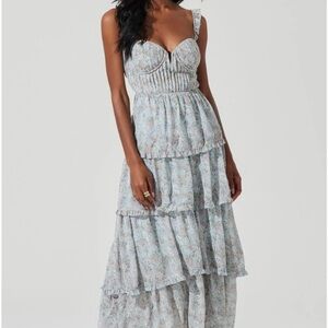 ASTR Blue Flutter Strap Floral Tiered Maxi Dress